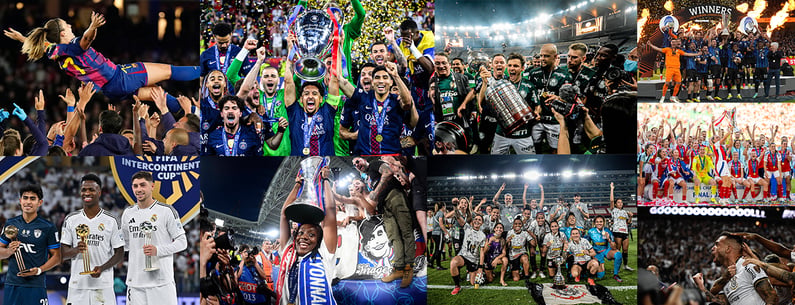 Collage of men's and women's football teams celebrating continental club trophy wins in packed stadiums