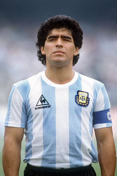 An iconic men's World Cup shot of football legend Diego Maradona, capturing his historic tournament dominance from 1976 to 1997.
