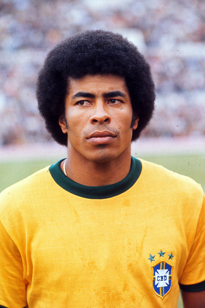 Archival sports photography of Brazilian football icon Jairzinho dominating at the men's World Cup between 1959 and 1982.