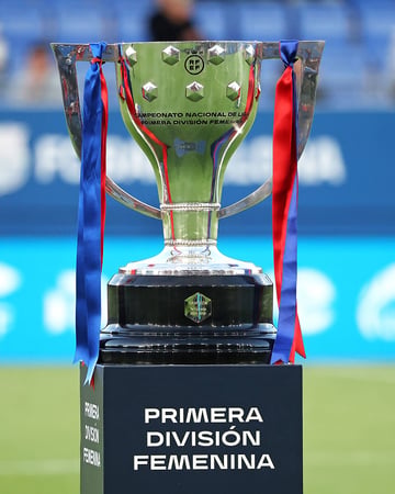 The Liga F championship trophy on display.