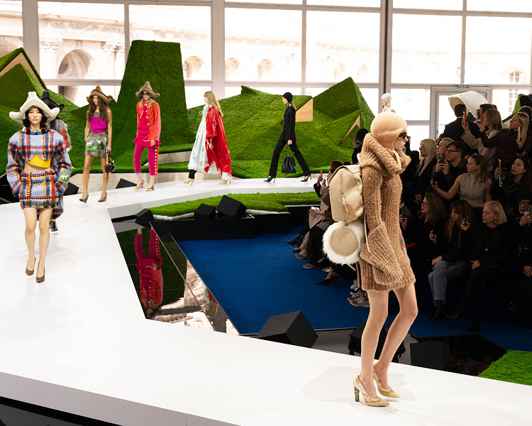 Models walk the Louis Vuitton runway during Paris Fashion Week, showcasing licensed high fashion photography at IMAGO.