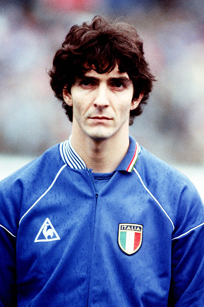 Vintage editorial photo of Italian football hero Paolo Rossi at the men's World Cup between 1973 and 1987.