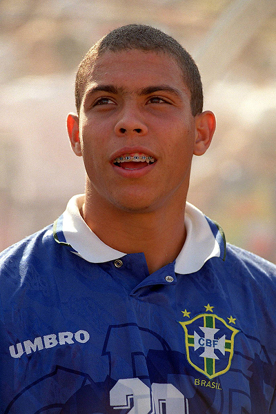 High-resolution archival photo of legendary Brazilian striker Ronaldo (Nazário) at the men's football World Cup (1993–2011).